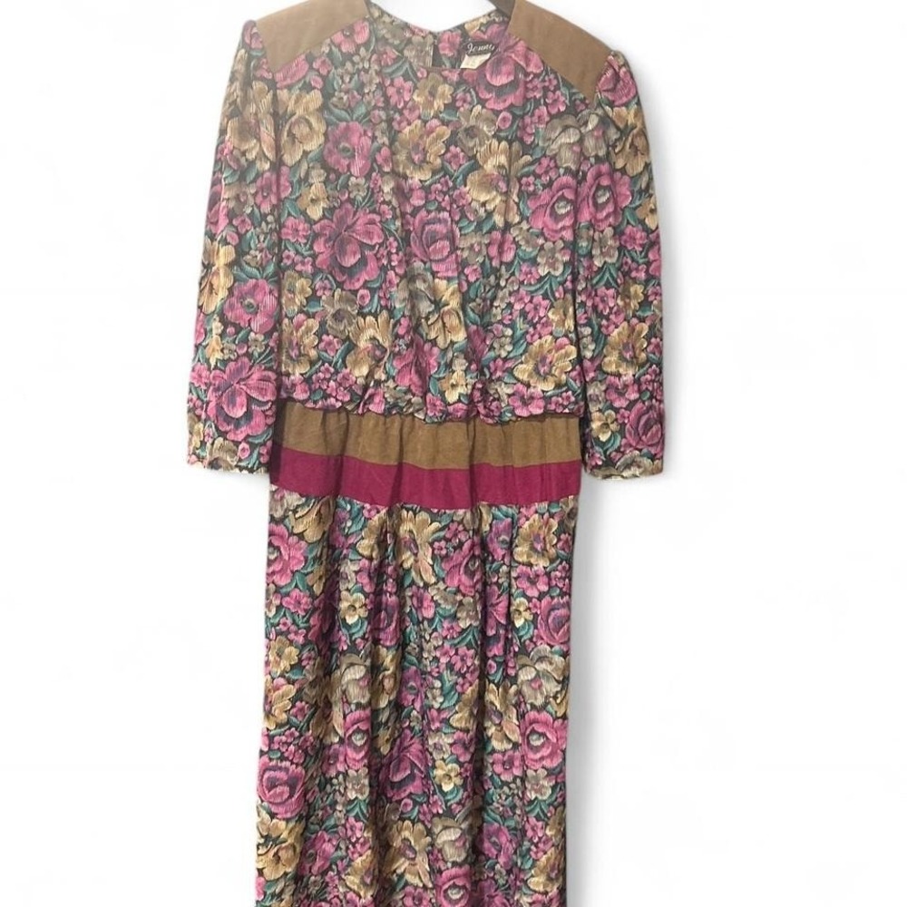 1980s vintage floral maxi dress with faux suede patchwork print‎ XL